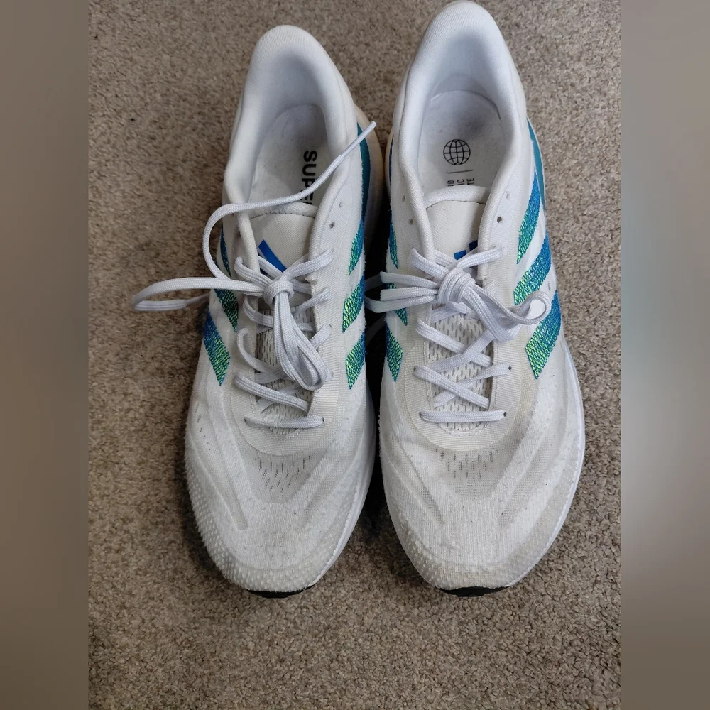 Adidas Supernova 3 Men Size 11.5 White Sneakers with Blue and Green Stripes